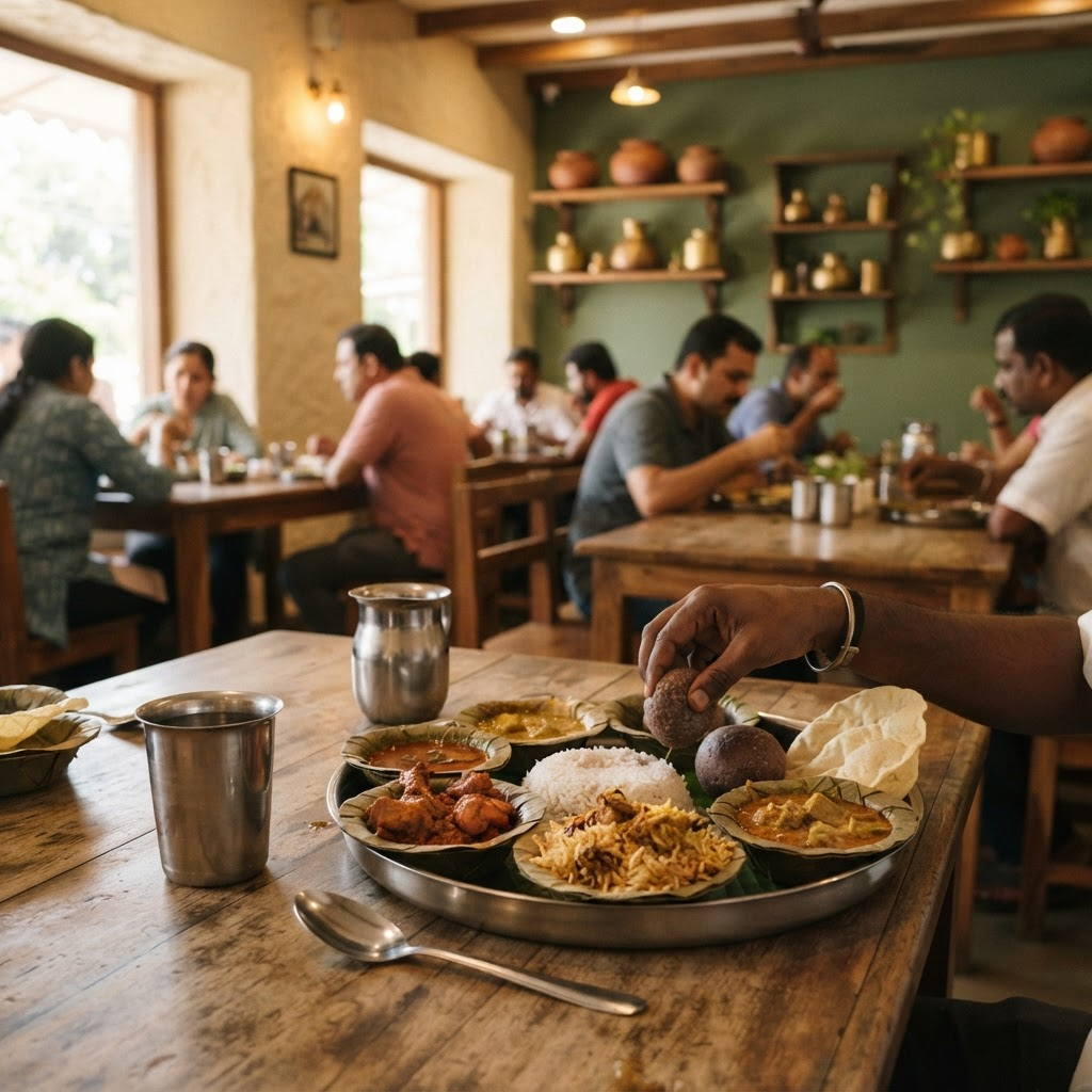 Warm Kutumba dining room with stainless steel servingware and South Indian dishes